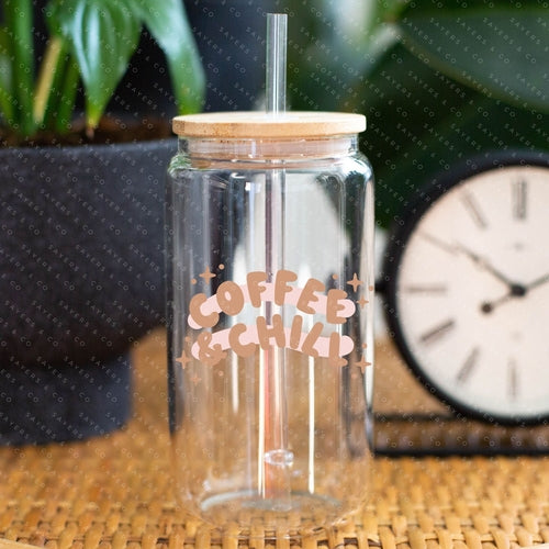 16oz Iced Coffee Glass Cup with Bamboo Lid & Straw #100189