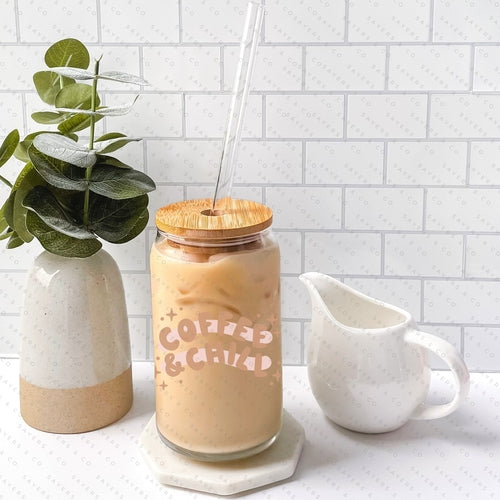 16oz Iced Coffee Glass Cup with Bamboo Lid & Straw #100189